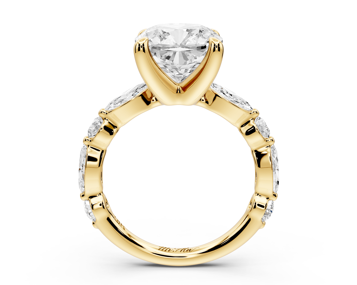 Amalia - 4ct 14k yellow gold cushion Round Diamond with Alternating 8 - Stone Marquise and Round Diamond Band Engagement Ring - Mr. Alex Jewelry