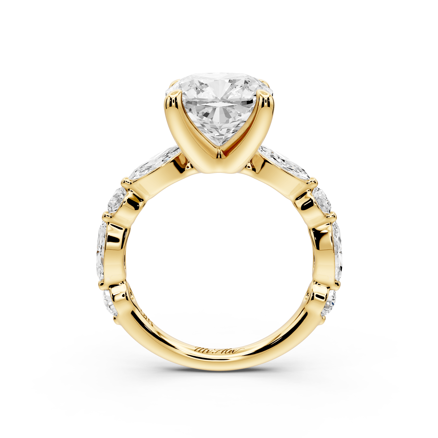Amalia - 4ct 14k yellow gold cushion Round Diamond with Alternating 8 - Stone Marquise and Round Diamond Band Engagement Ring - Mr. Alex Jewelry
