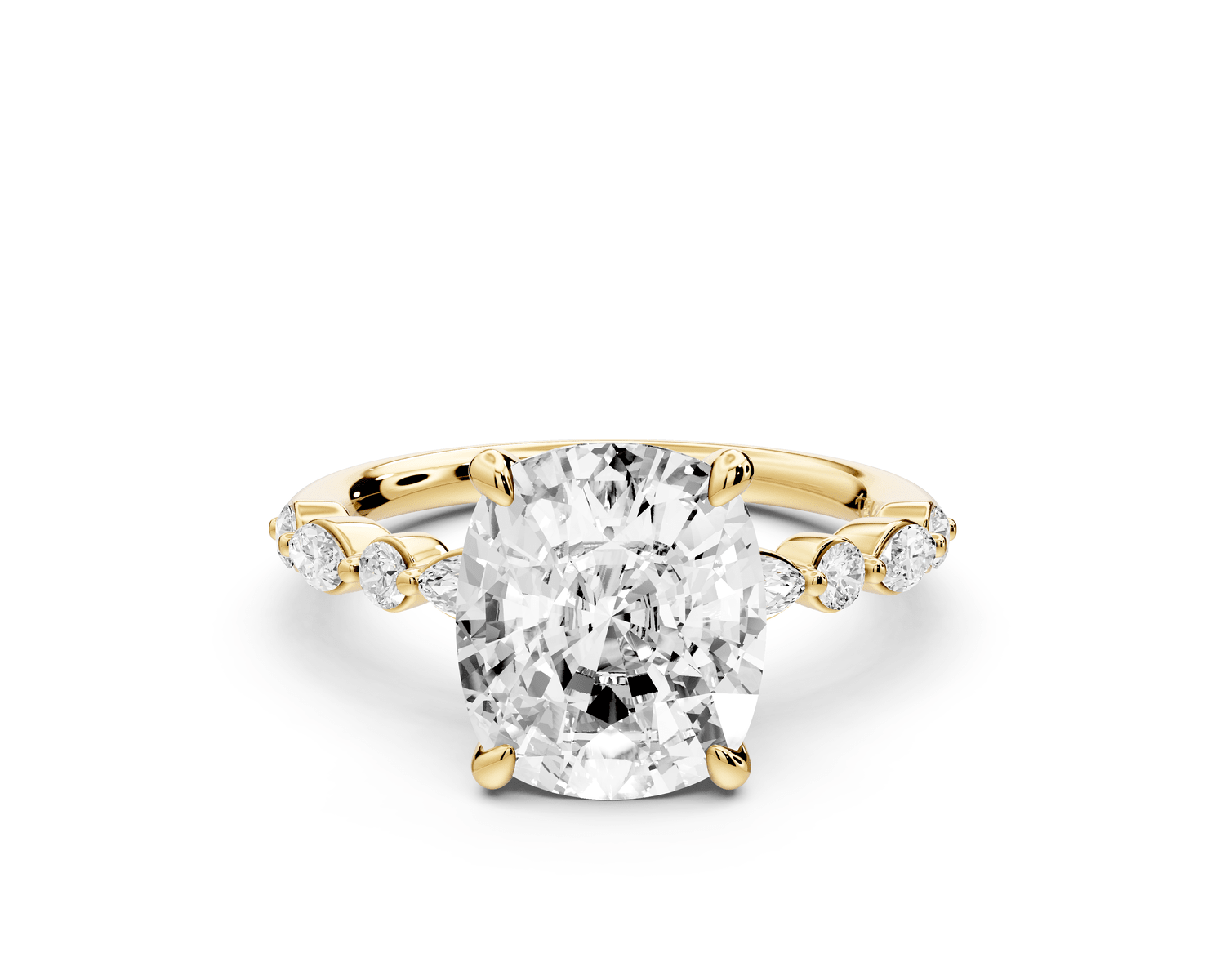 Amalia - 4ct 14k yellow gold ecushion Round Diamond with Alternating 8 - Stone Marquise and Round Diamond Band Engagement Ring - Mr. Alex Jewelry