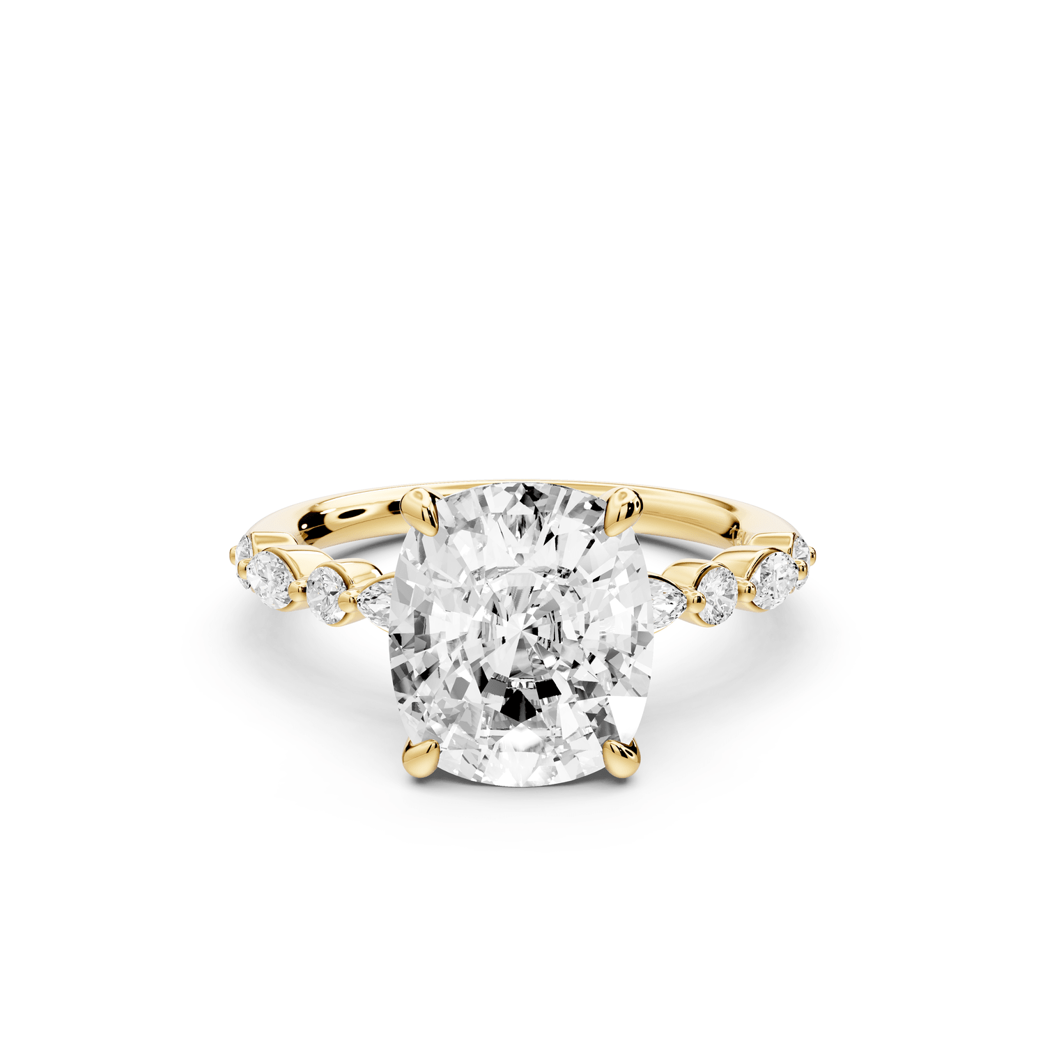 Amalia - 4ct 14k yellow gold ecushion Round Diamond with Alternating 8 - Stone Marquise and Round Diamond Band Engagement Ring - Mr. Alex Jewelry