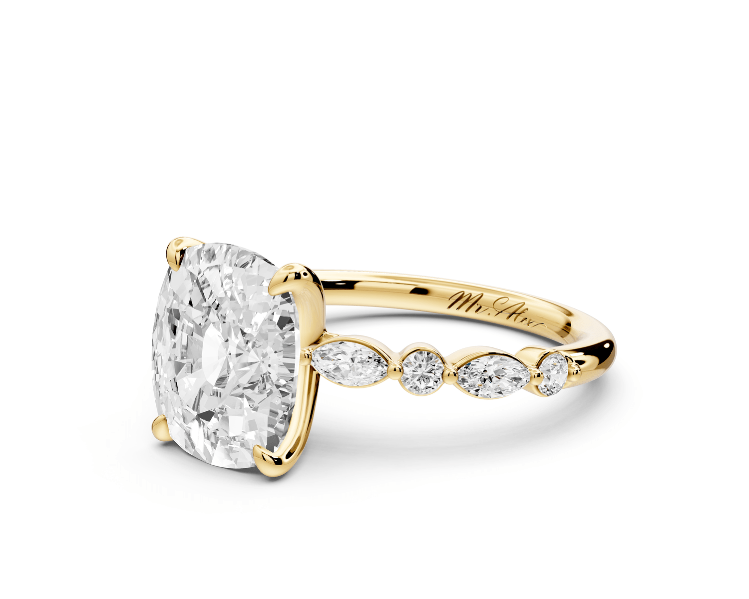 Amalia - 4ct 14k yellow gold ecushion Round Diamond with Alternating 8 - Stone Marquise and Round Diamond Band Engagement Ring - Mr. Alex Jewelry