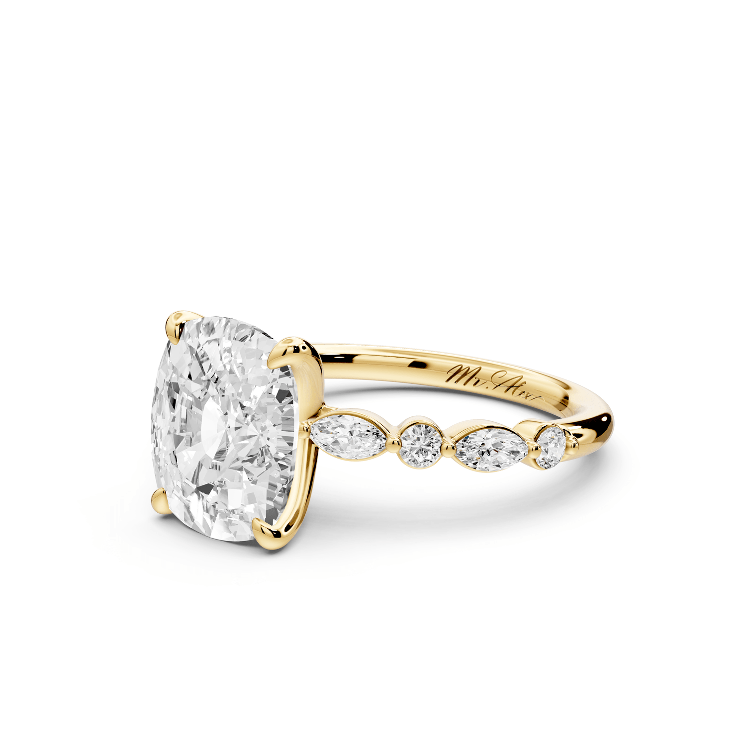 Amalia - 4ct 14k yellow gold ecushion Round Diamond with Alternating 8 - Stone Marquise and Round Diamond Band Engagement Ring - Mr. Alex Jewelry