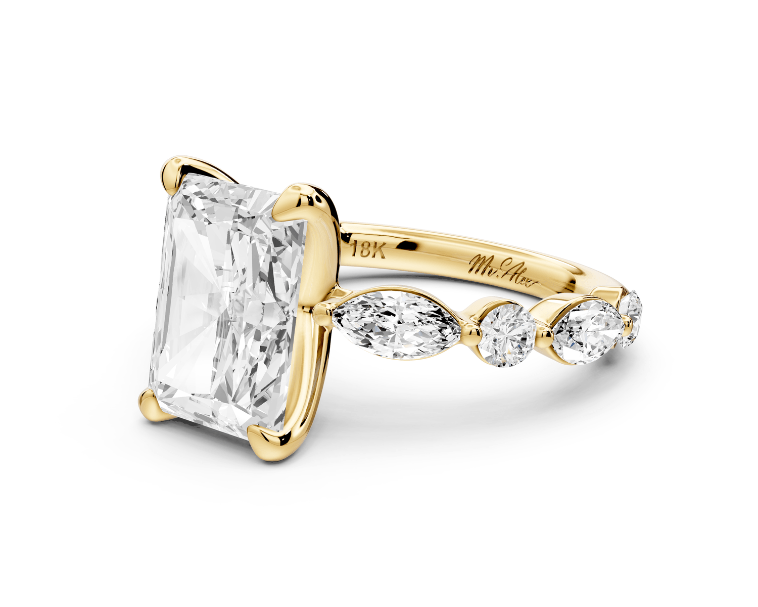 Amalia - 4ct 14k yellow gold radiant Round Diamond with Alternating 8 - Stone Marquise and Round Diamond Band Engagement Ring - Mr. Alex Jewelry