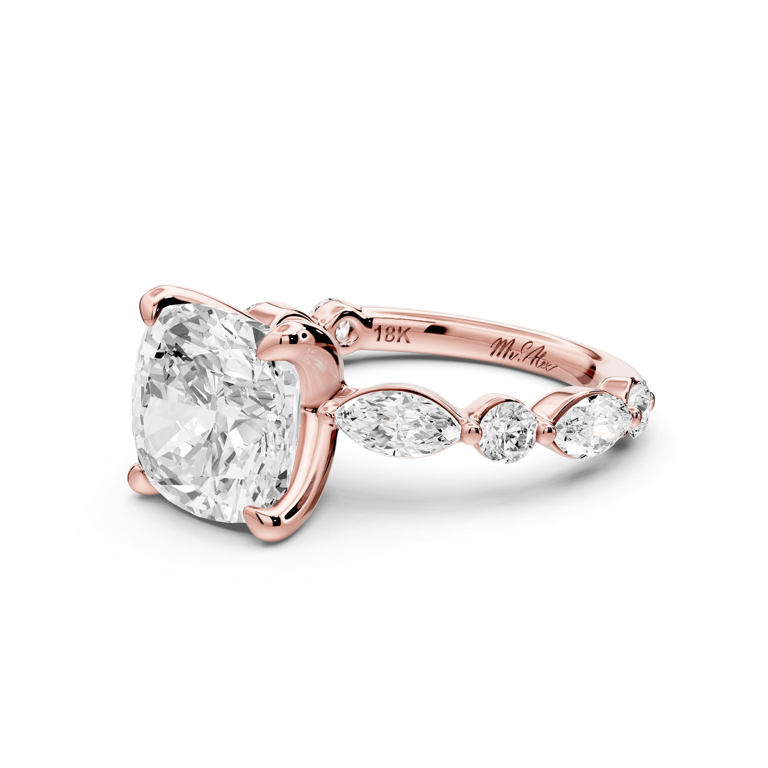 Amalia - 4ct 18k rose gold cushion Round Diamond with Alternating 8 - Stone Marquise and Round Diamond Band Engagement Ring - Mr. Alex Jewelry