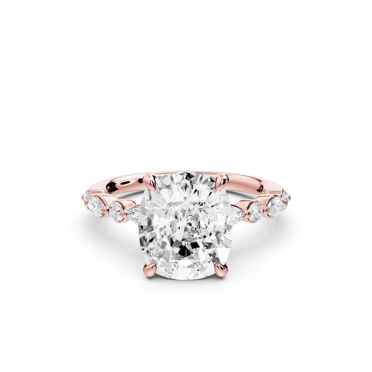 Amalia - 4ct 18k rose gold ecushion Round Diamond with Alternating 8 - Stone Marquise and Round Diamond Band Engagement Ring - Mr. Alex Jewelry