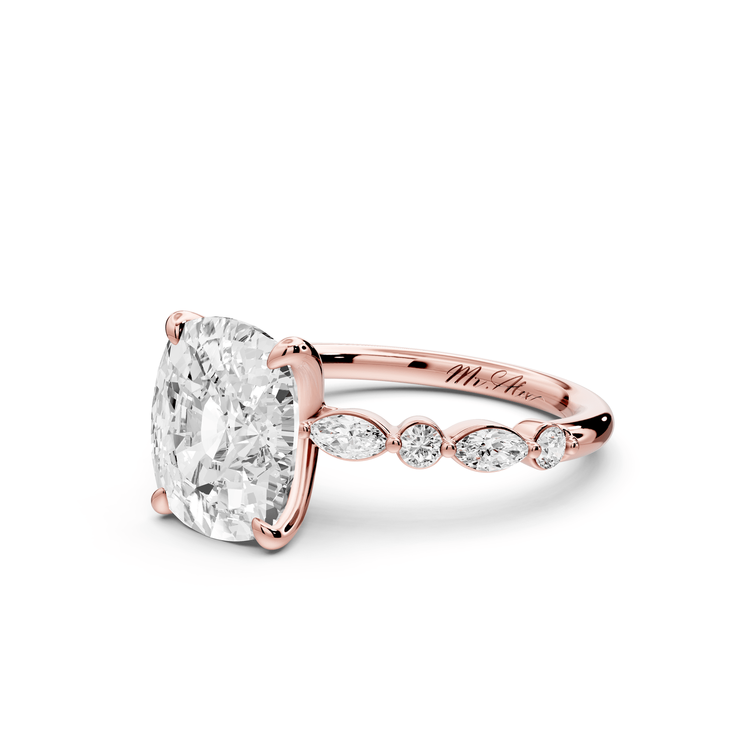 Amalia - 4ct 18k rose gold ecushion Round Diamond with Alternating 8 - Stone Marquise and Round Diamond Band Engagement Ring - Mr. Alex Jewelry