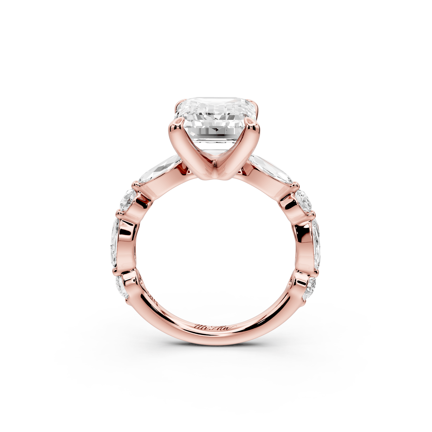 Amalia - 4ct 18k rose gold emerald Round Diamond with Alternating 8 - Stone Marquise and Round Diamond Band Engagement Ring - Mr. Alex Jewelry