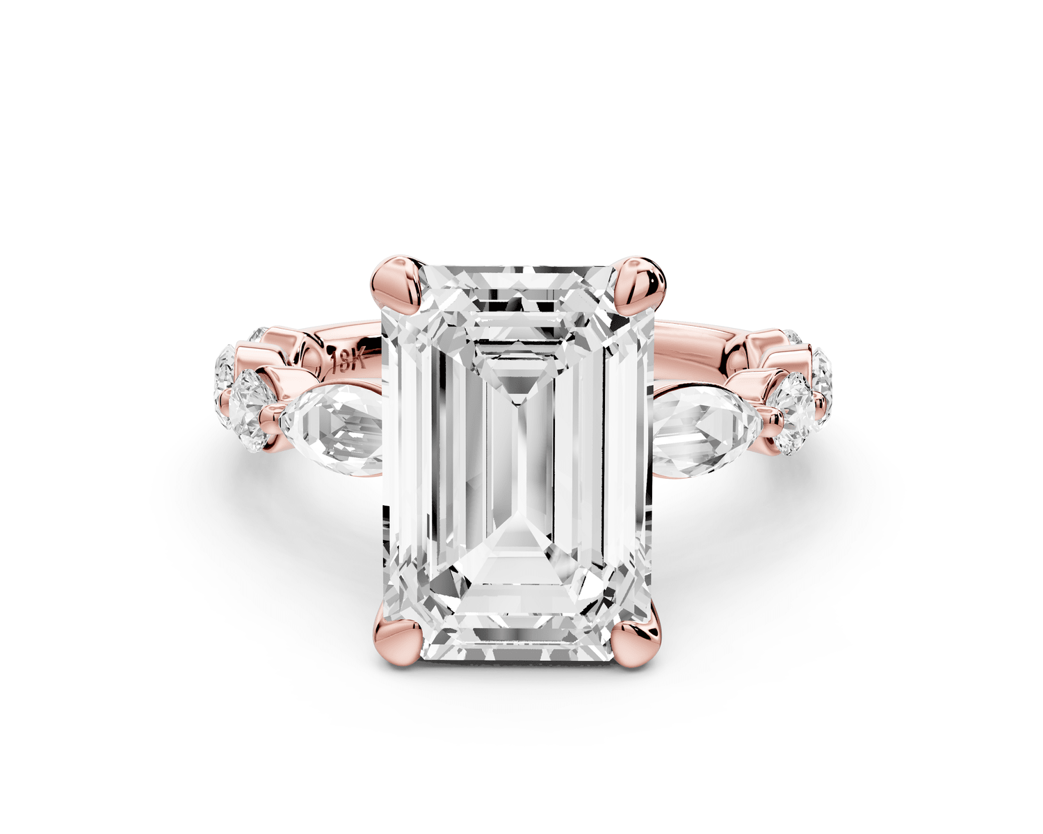 Amalia - 4ct 18k rose gold emerald Round Diamond with Alternating 8 - Stone Marquise and Round Diamond Band Engagement Ring - Mr. Alex Jewelry