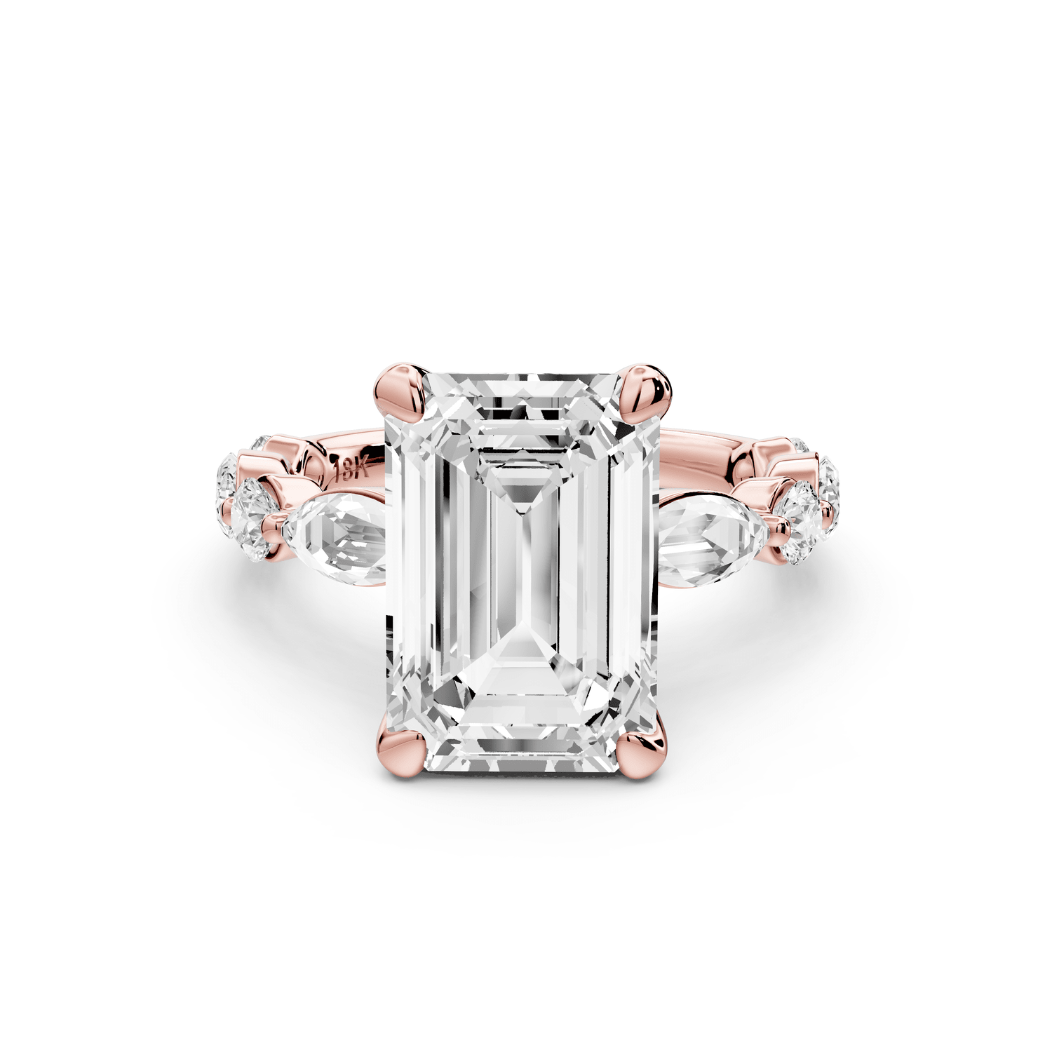 Amalia - 4ct 18k rose gold emerald Round Diamond with Alternating 8 - Stone Marquise and Round Diamond Band Engagement Ring - Mr. Alex Jewelry