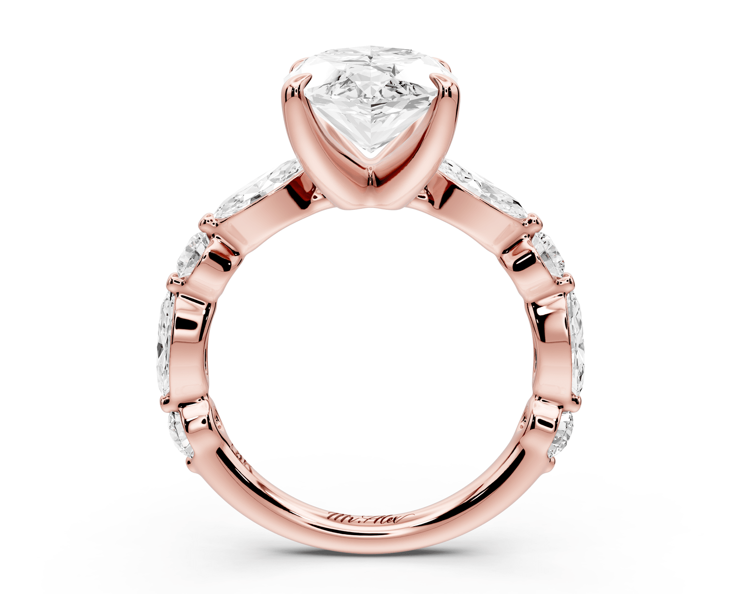 Amalia - 4ct 18k rose gold marquise Round Diamond with Alternating 8 - Stone Marquise and Round Diamond Band Engagement Ring - Mr. Alex Jewelry