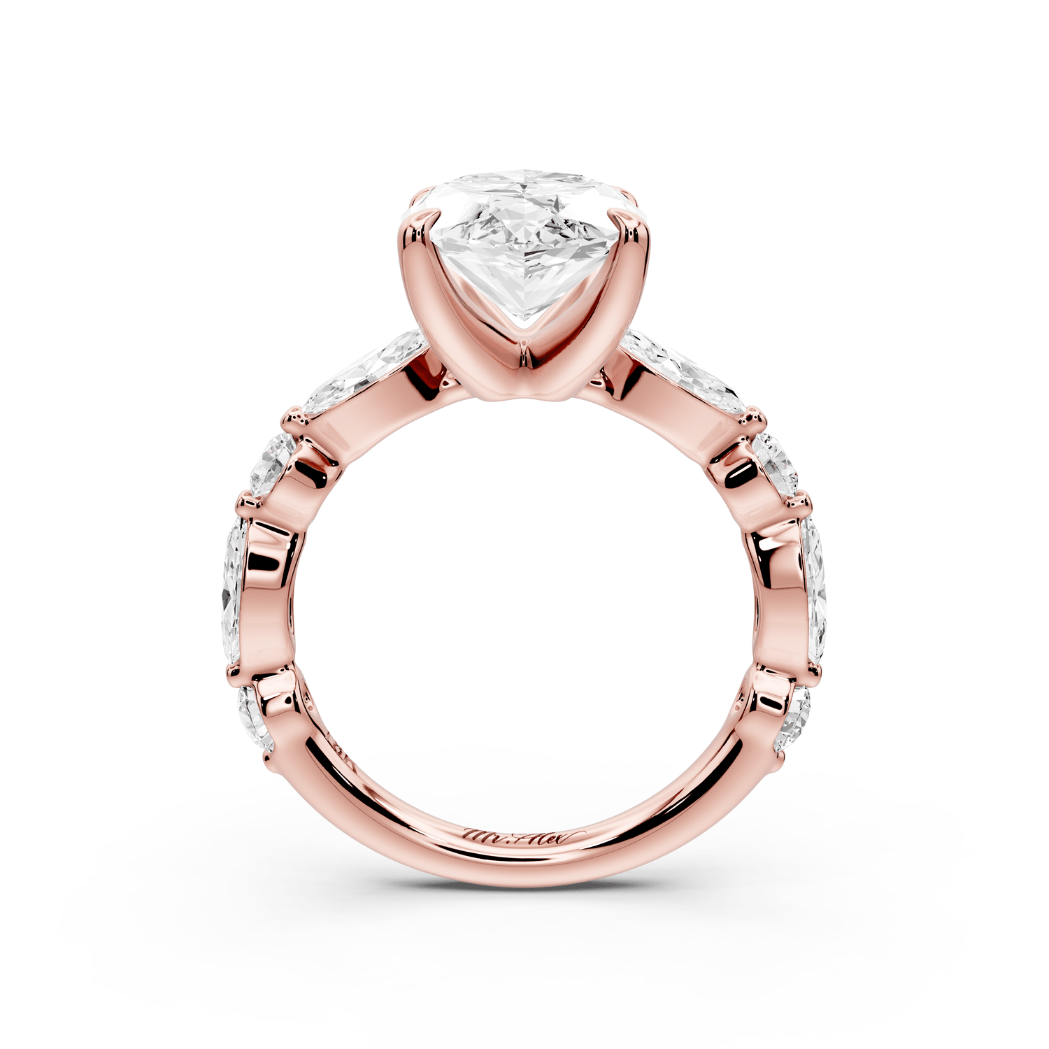Amalia - 4ct 18k rose gold marquise Round Diamond with Alternating 8 - Stone Marquise and Round Diamond Band Engagement Ring - Mr. Alex Jewelry