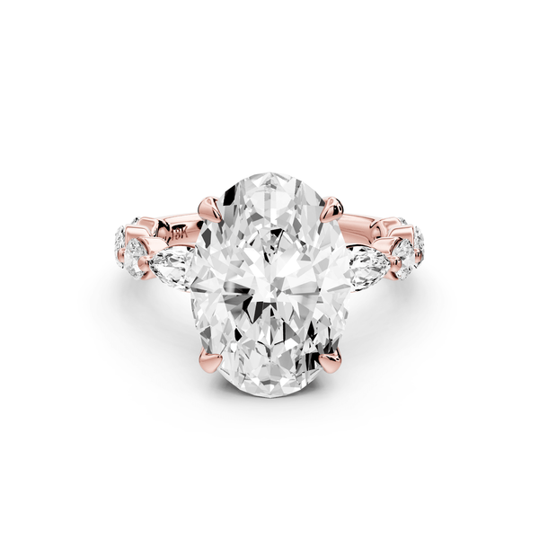 Amalia - 4ct 18k rose gold oval Round Diamond with Alternating 8 - Stone Marquise and Round Diamond Band Engagement Ring - Mr. Alex Jewelry