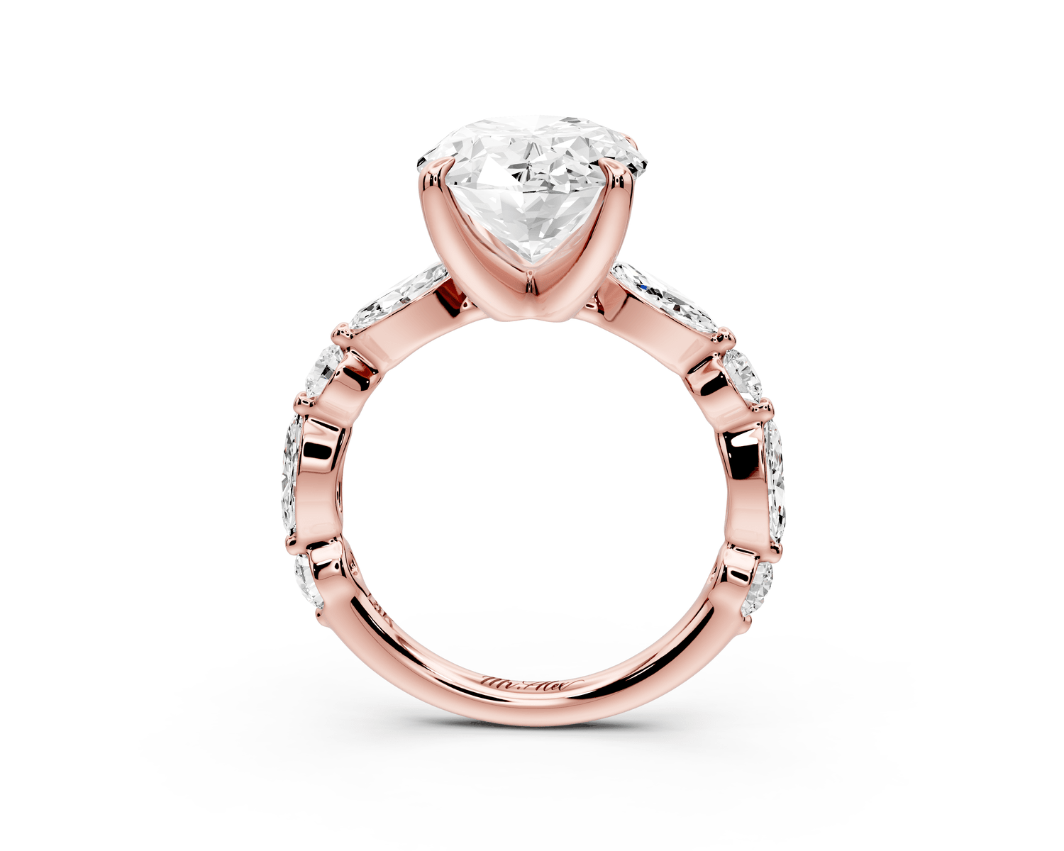 Amalia - 4ct 18k rose gold oval Round Diamond with Alternating 8 - Stone Marquise and Round Diamond Band Engagement Ring - Mr. Alex Jewelry