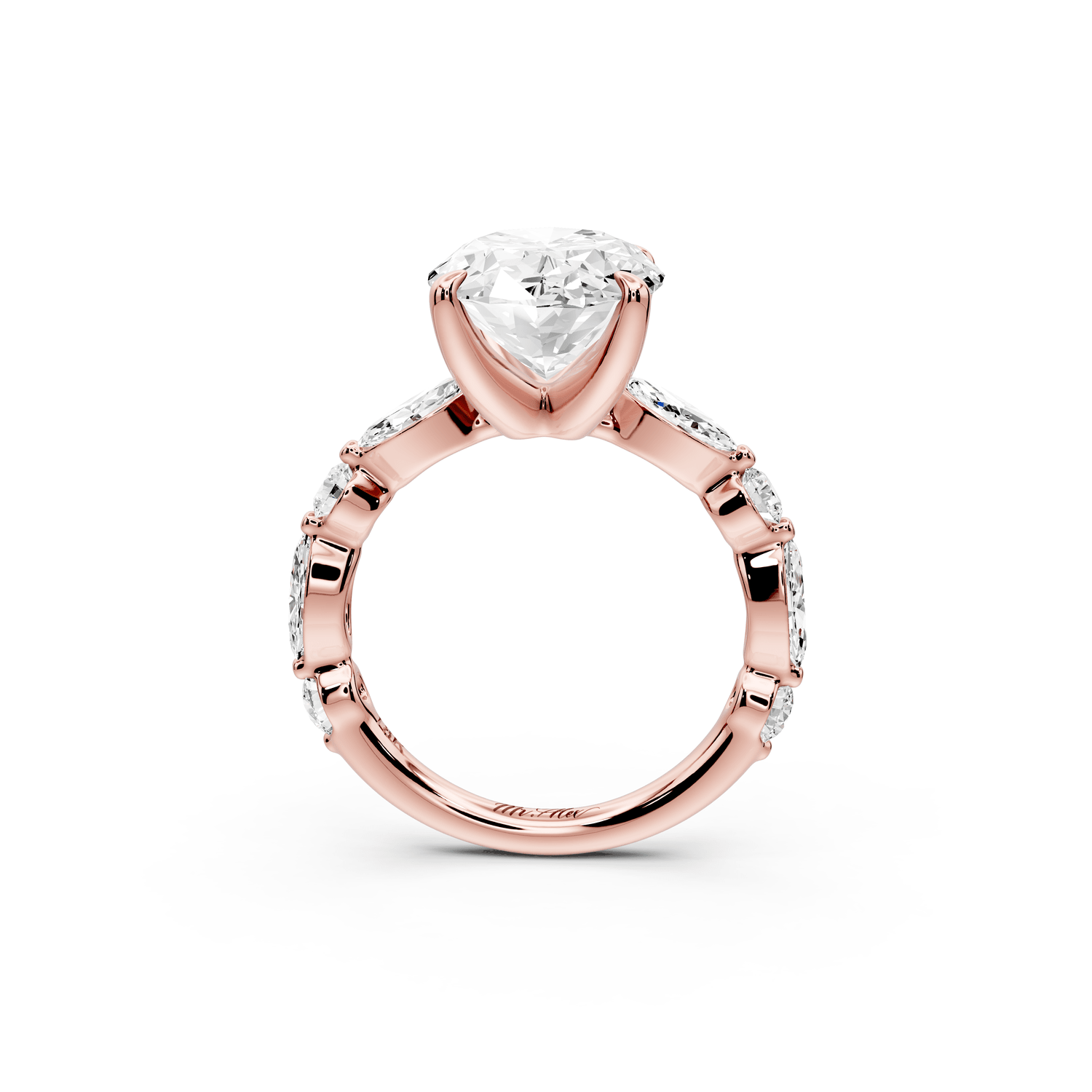 Amalia - 4ct 18k rose gold oval Round Diamond with Alternating 8 - Stone Marquise and Round Diamond Band Engagement Ring - Mr. Alex Jewelry