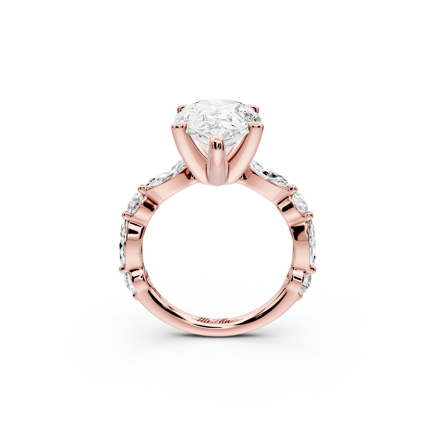 Amalia - 4ct 18k rose gold pear Round Diamond with Alternating 8 - Stone Marquise and Round Diamond Band Engagement Ring - Mr. Alex Jewelry