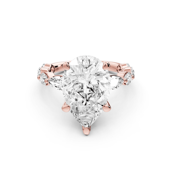 Amalia - 4ct 18k rose gold pear Round Diamond with Alternating 8 - Stone Marquise and Round Diamond Band Engagement Ring - Mr. Alex Jewelry