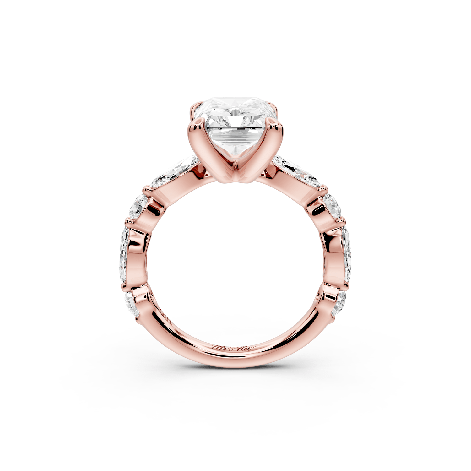 Amalia - 4ct 18k rose gold radiant Round Diamond with Alternating 8 - Stone Marquise and Round Diamond Band Engagement Ring - Mr. Alex Jewelry