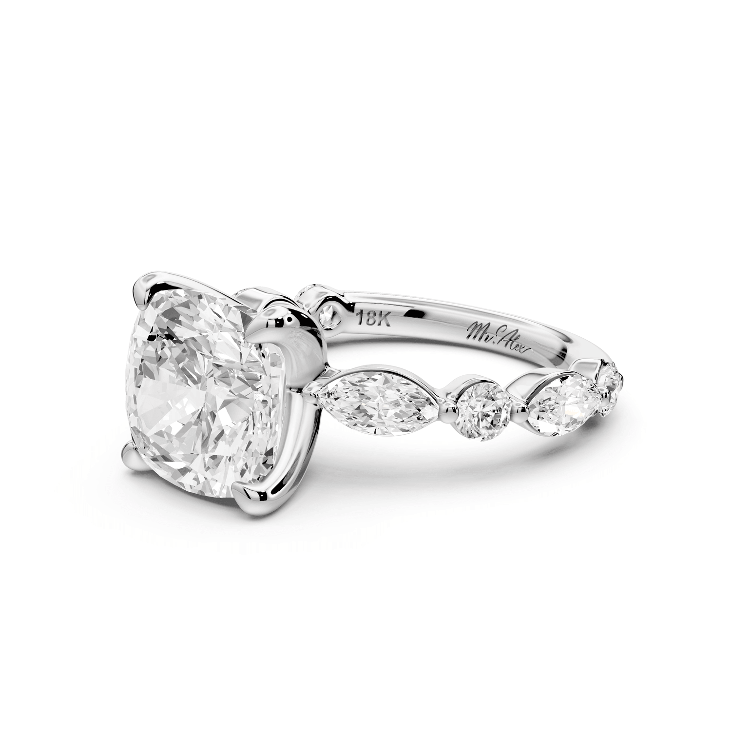 Amalia - 4ct 18k white gold cushion Round Diamond with Alternating 8 - Stone Marquise and Round Diamond Band Engagement Ring - Mr. Alex Jewelry