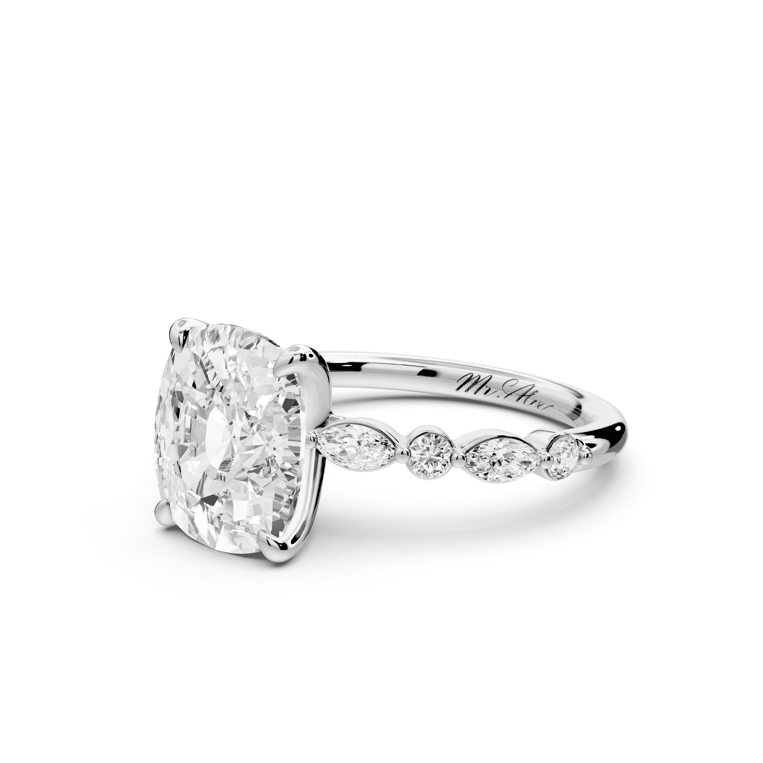 Amalia - 4ct 18k white gold ecushion Round Diamond with Alternating 8 - Stone Marquise and Round Diamond Band Engagement Ring - Mr. Alex Jewelry