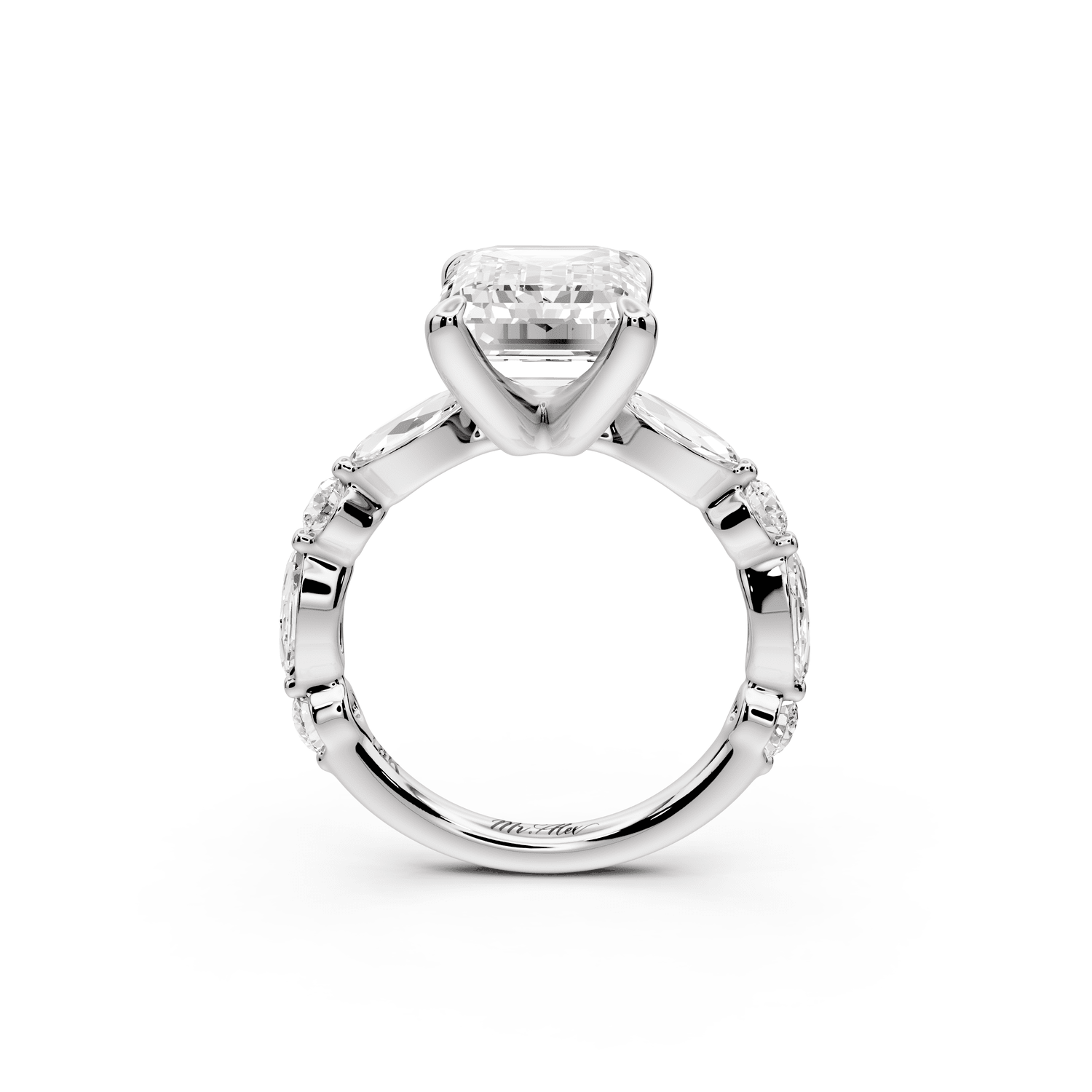 Amalia - 4ct 18k white gold emerald Round Diamond with Alternating 8 - Stone Marquise and Round Diamond Band Engagement Ring - Mr. Alex Jewelry