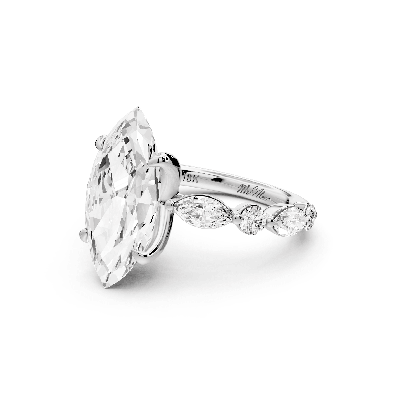 Amalia - 4ct 18k white gold marquise Round Diamond with Alternating 8 - Stone Marquise and Round Diamond Band Engagement Ring - Mr. Alex Jewelry