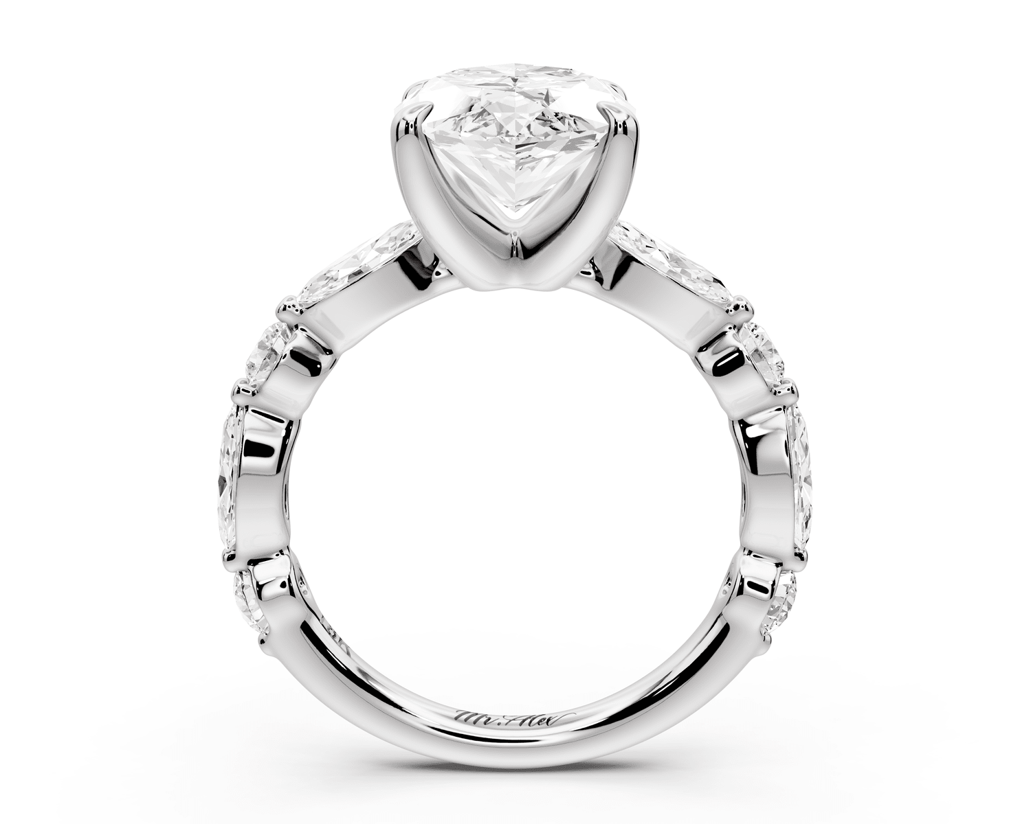 Amalia - 4ct 18k white gold marquise Round Diamond with Alternating 8 - Stone Marquise and Round Diamond Band Engagement Ring - Mr. Alex Jewelry