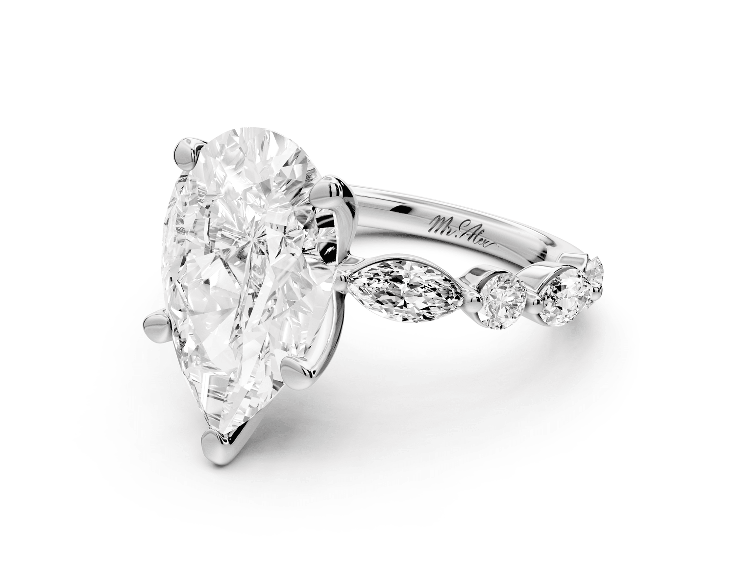 Amalia - 4ct 18k white gold pear Round Diamond with Alternating 8 - Stone Marquise and Round Diamond Band Engagement Ring - Mr. Alex Jewelry
