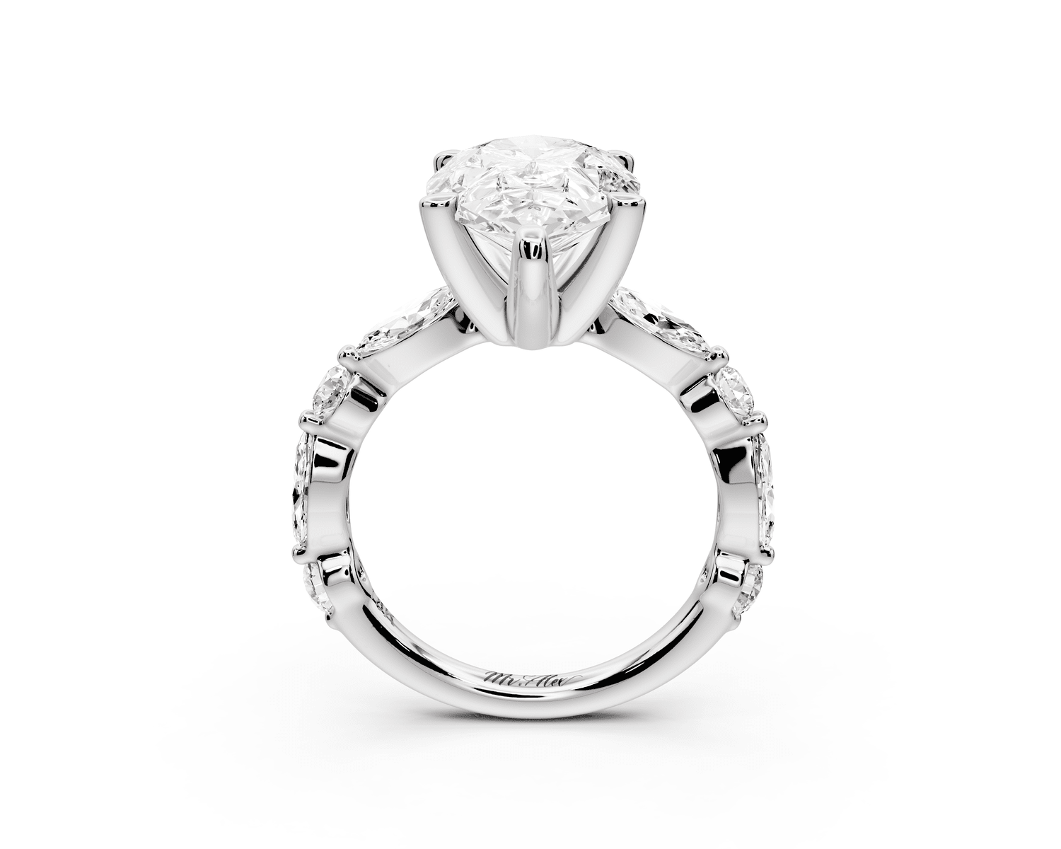 Amalia - 4ct 18k white gold pear Round Diamond with Alternating 8 - Stone Marquise and Round Diamond Band Engagement Ring - Mr. Alex Jewelry