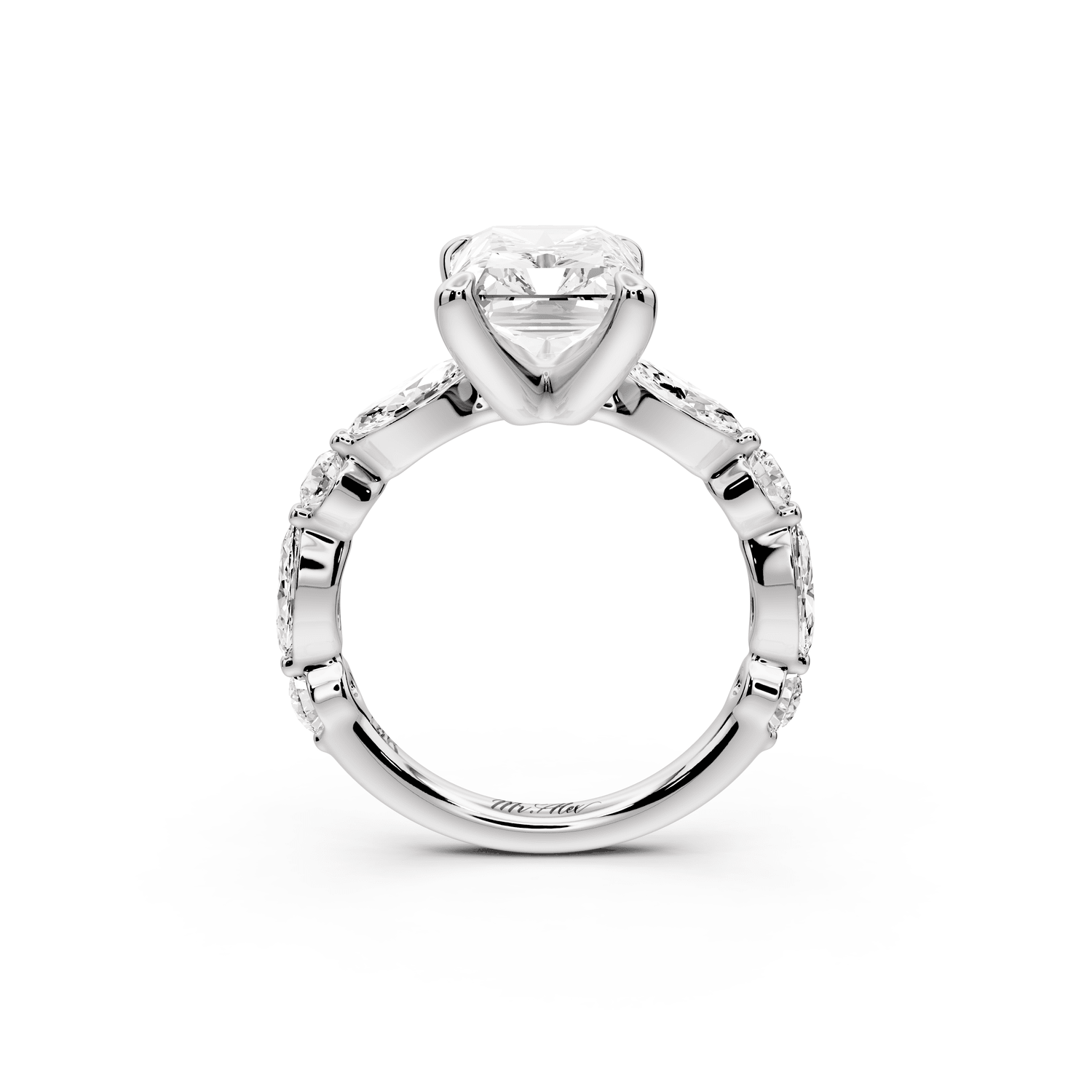 Amalia - 4ct 18k white gold radiant Round Diamond with Alternating 8 - Stone Marquise and Round Diamond Band Engagement Ring - Mr. Alex Jewelry