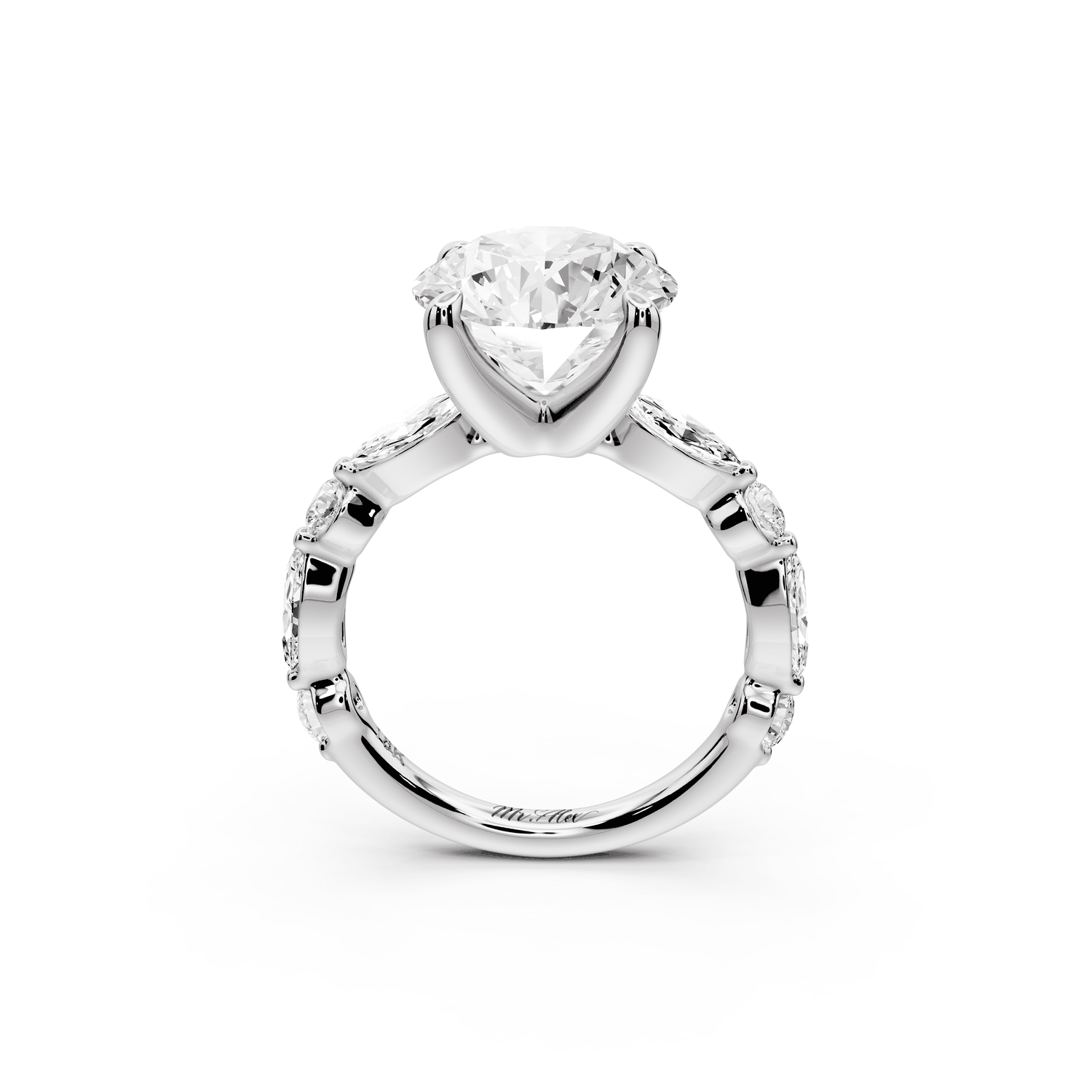 Amalia - 4ct 18k white gold round Round Diamond with Alternating 8 - Stone Marquise and Round Diamond Band Engagement Ring - Mr. Alex Jewelry