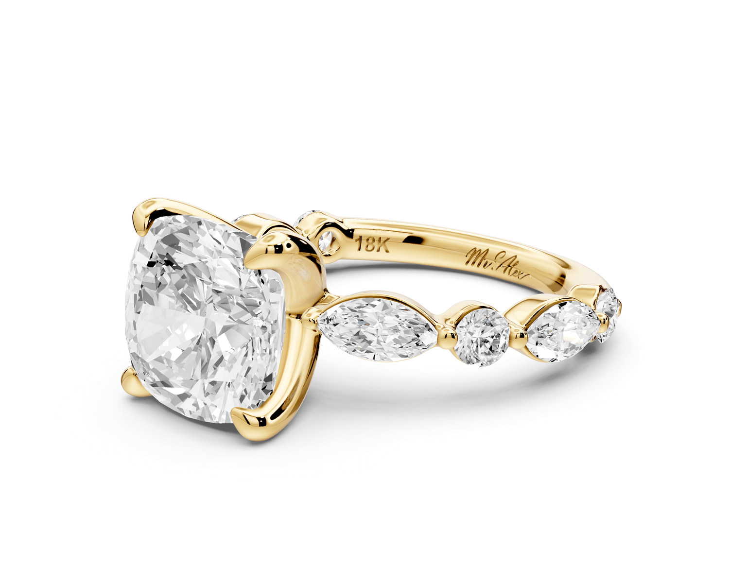 Amalia - 4ct 18k yellow gold cushion Round Diamond with Alternating 8 - Stone Marquise and Round Diamond Band Engagement Ring - Mr. Alex Jewelry