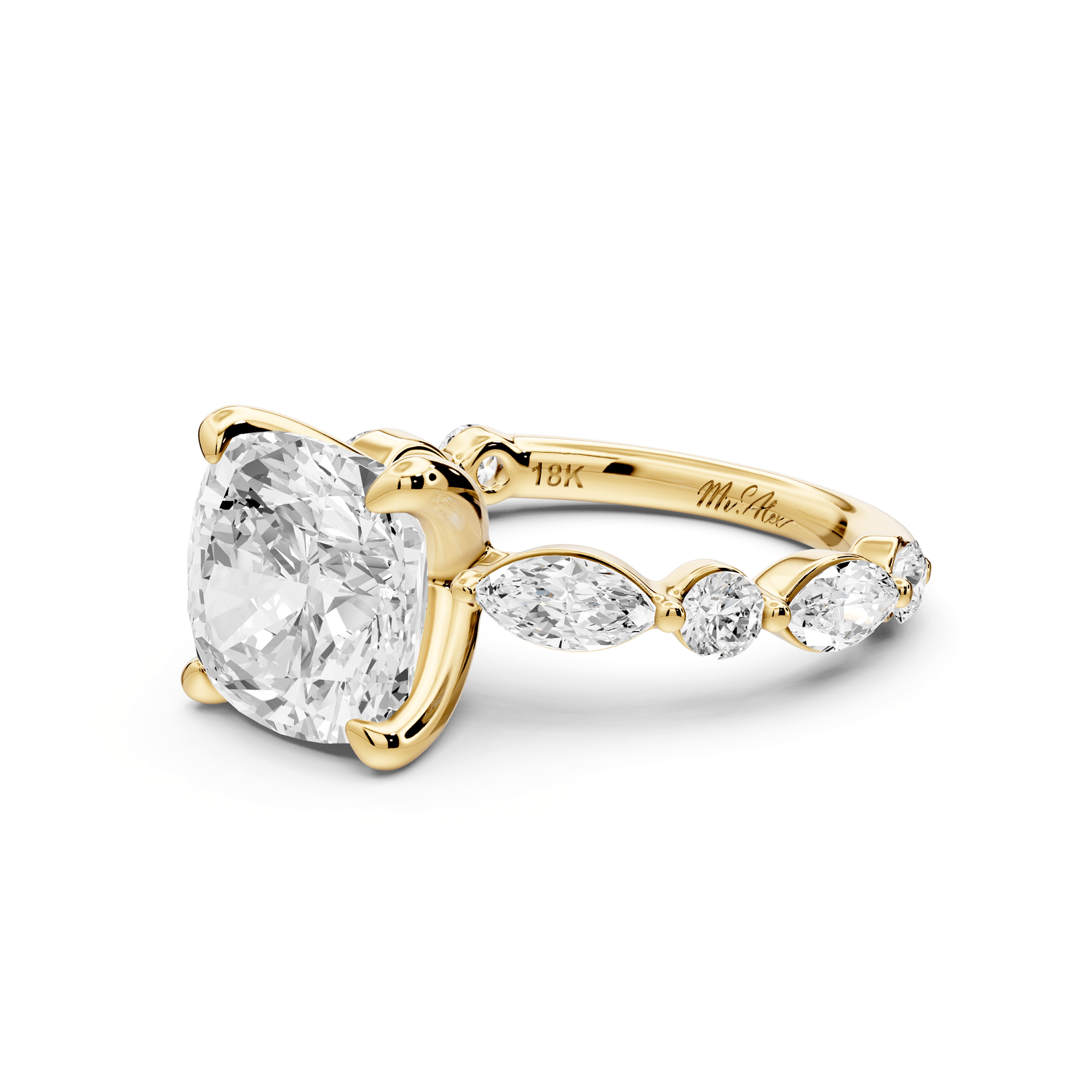 Amalia - 4ct 18k yellow gold cushion Round Diamond with Alternating 8 - Stone Marquise and Round Diamond Band Engagement Ring - Mr. Alex Jewelry