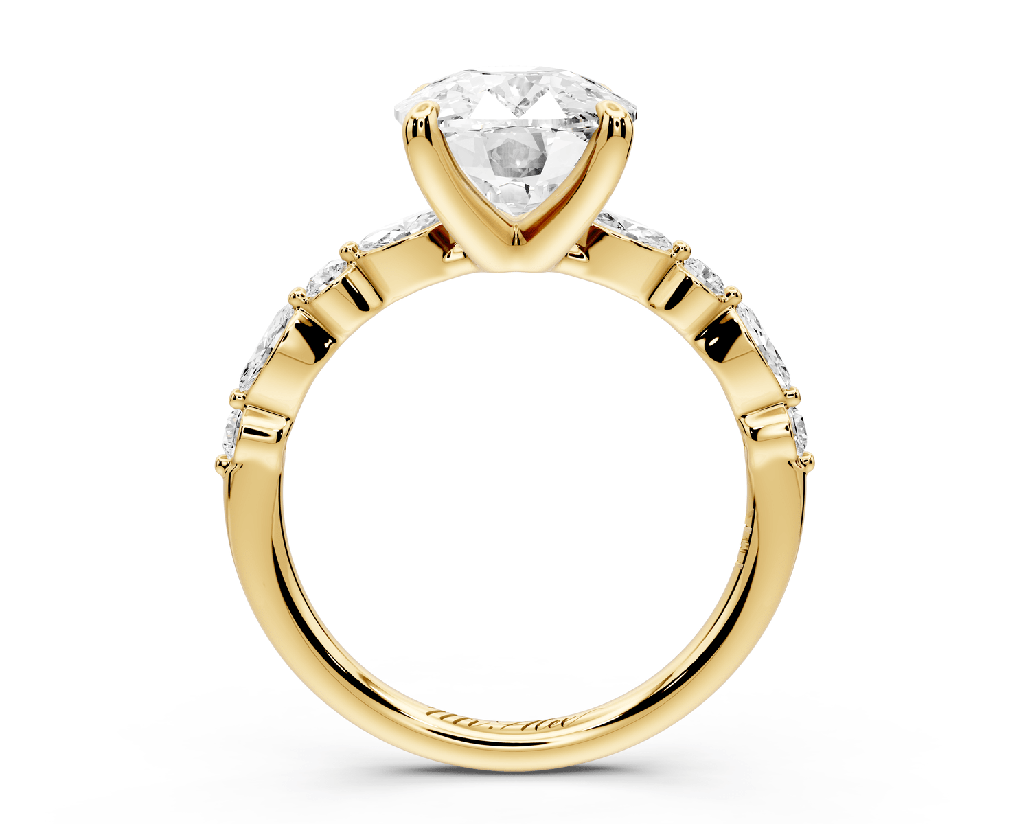 Amalia - 4ct 18k yellow gold ecushion Round Diamond with Alternating 8 - Stone Marquise and Round Diamond Band Engagement Ring - Mr. Alex Jewelry
