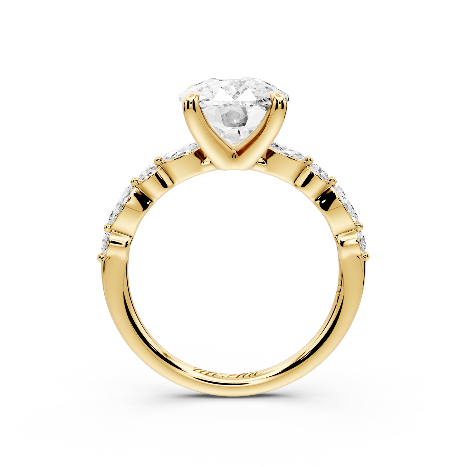 Amalia - 4ct 18k yellow gold ecushion Round Diamond with Alternating 8 - Stone Marquise and Round Diamond Band Engagement Ring - Mr. Alex Jewelry