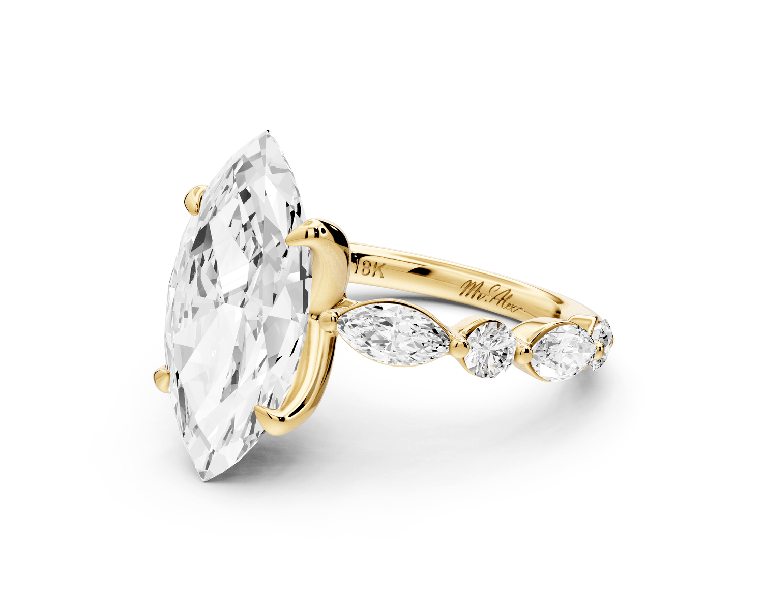 Amalia - 4ct 18k yellow gold marquise Round Diamond with Alternating 8 - Stone Marquise and Round Diamond Band Engagement Ring - Mr. Alex Jewelry