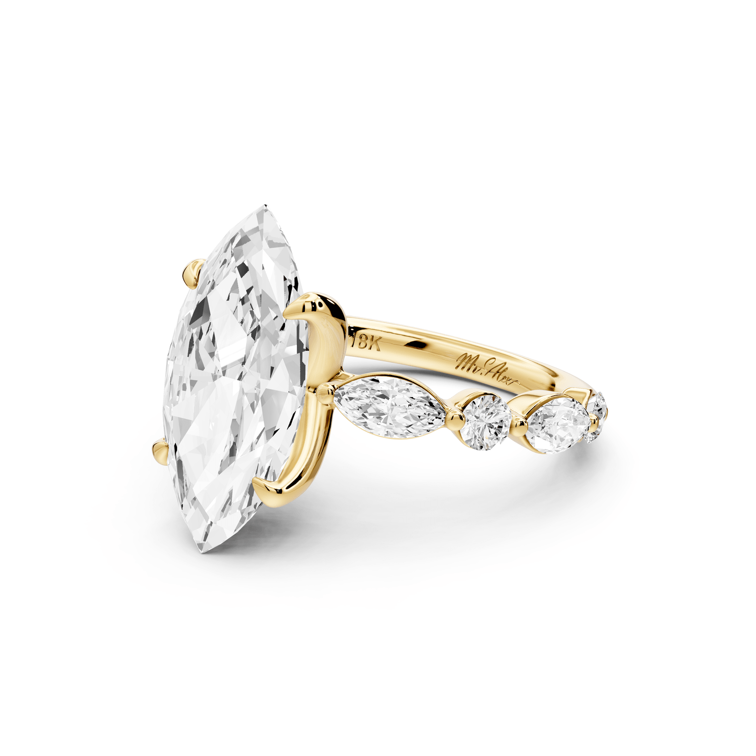 Amalia - 4ct 18k yellow gold marquise Round Diamond with Alternating 8 - Stone Marquise and Round Diamond Band Engagement Ring - Mr. Alex Jewelry