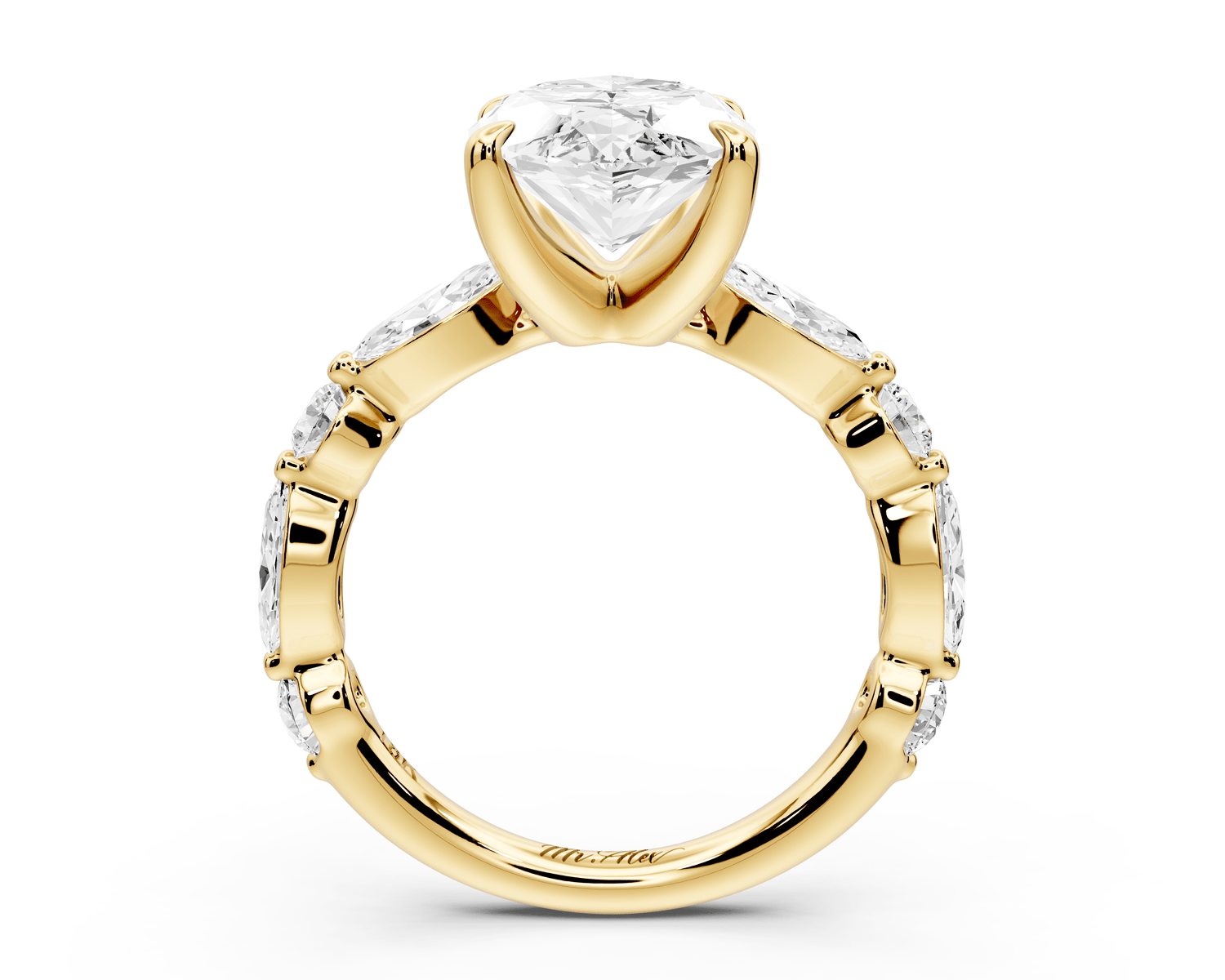Amalia - 4ct 18k yellow gold marquise Round Diamond with Alternating 8 - Stone Marquise and Round Diamond Band Engagement Ring - Mr. Alex Jewelry
