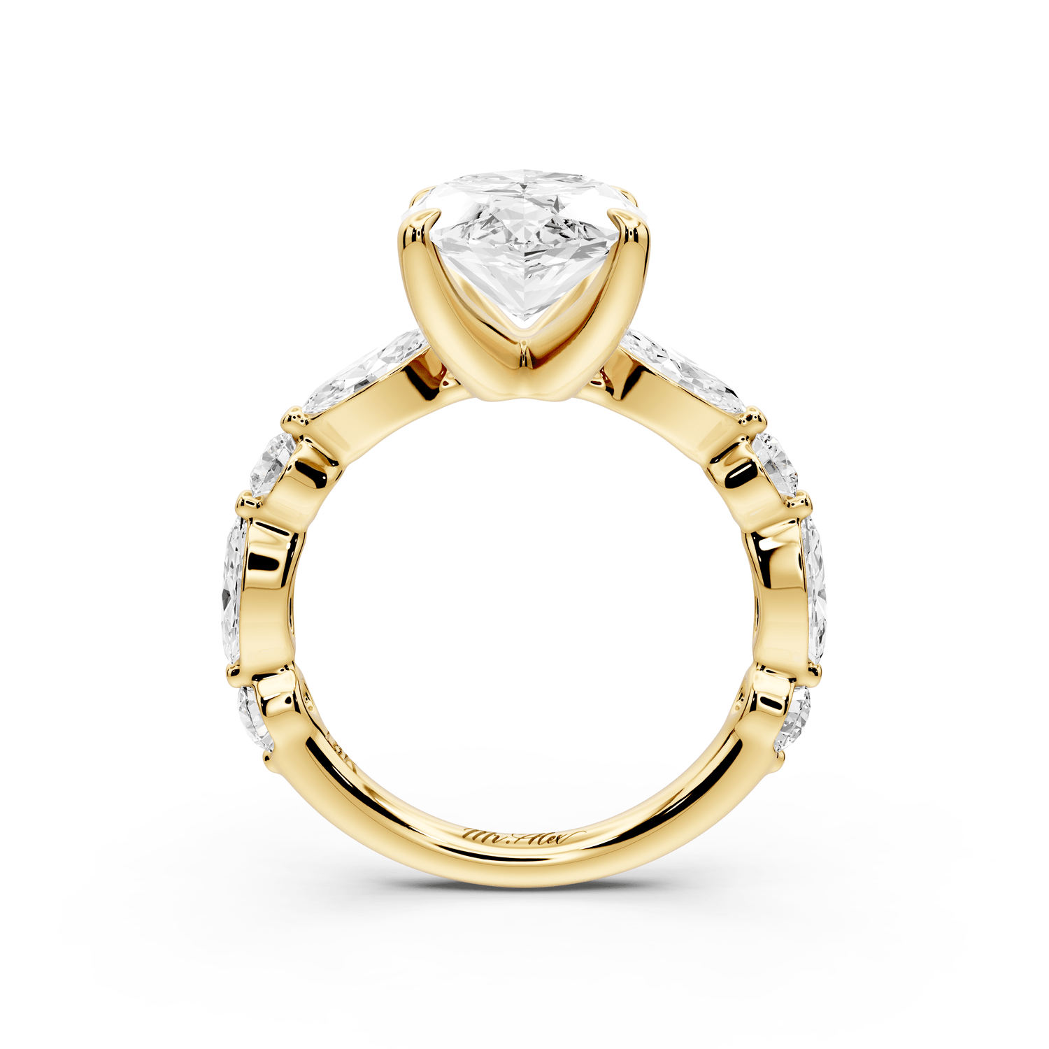 Amalia - 4ct 18k yellow gold marquise Round Diamond with Alternating 8 - Stone Marquise and Round Diamond Band Engagement Ring - Mr. Alex Jewelry