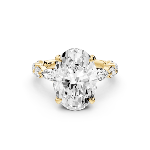 Amalia - 4ct 18k yellow gold oval Round Diamond with Alternating 8 - Stone Marquise and Round Diamond Band Engagement Ring - Mr. Alex Jewelry