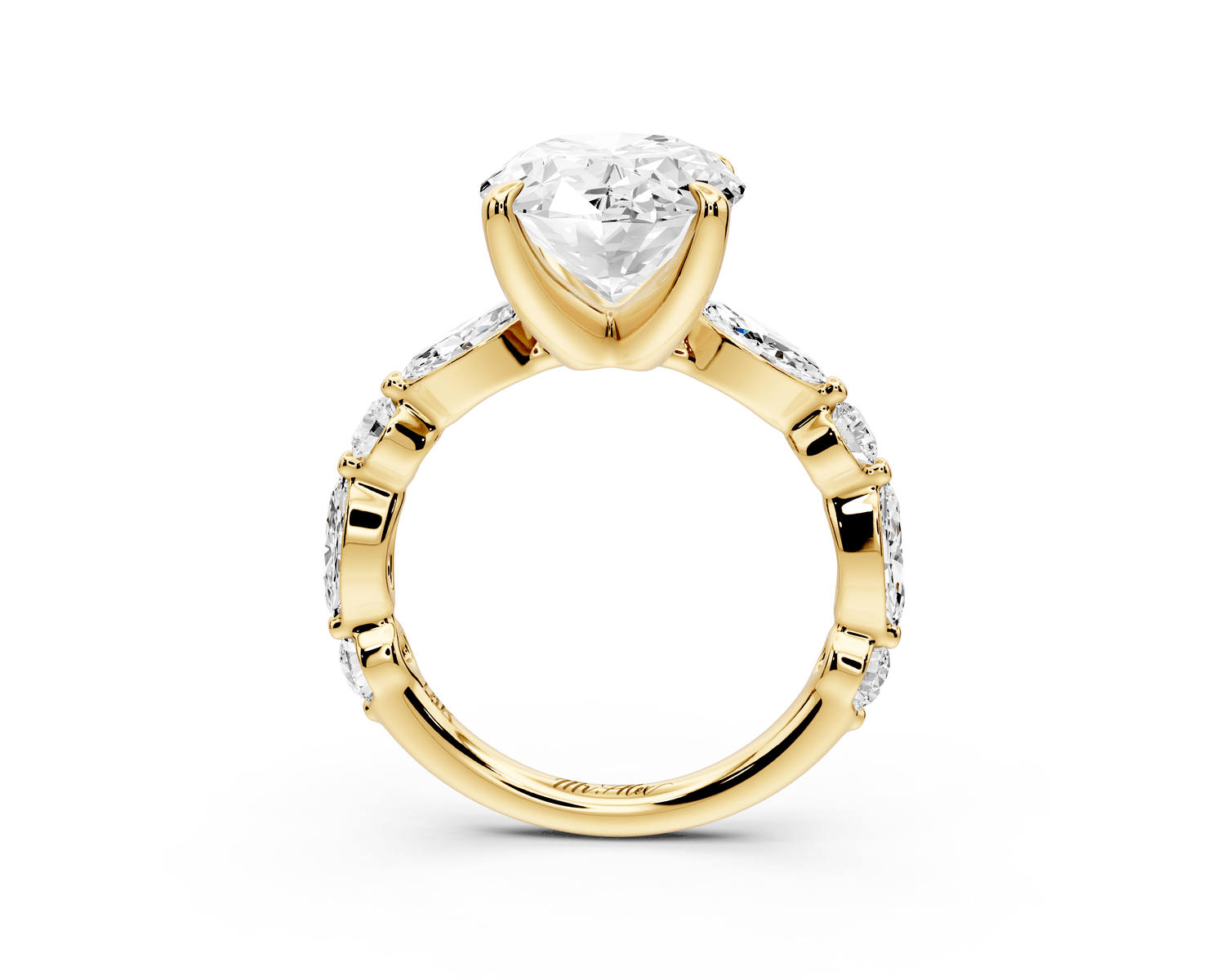 Amalia - 4ct 18k yellow gold oval Round Diamond with Alternating 8 - Stone Marquise and Round Diamond Band Engagement Ring - Mr. Alex Jewelry