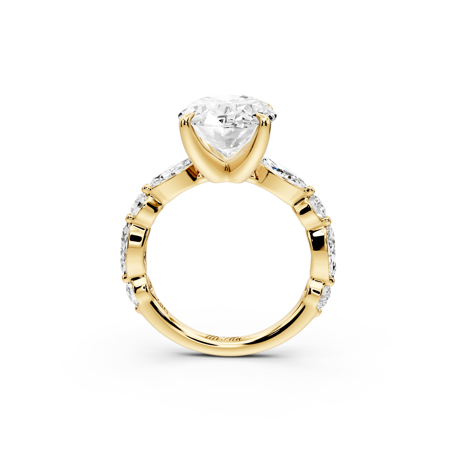 Amalia - 4ct 18k yellow gold oval Round Diamond with Alternating 8 - Stone Marquise and Round Diamond Band Engagement Ring - Mr. Alex Jewelry