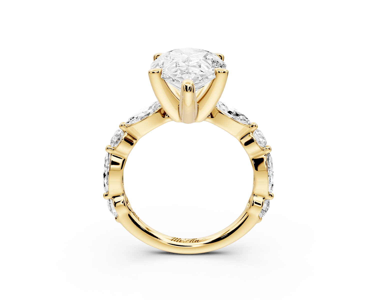 Amalia - 4ct 18k yellow gold pear Round Diamond with Alternating 8 - Stone Marquise and Round Diamond Band Engagement Ring - Mr. Alex Jewelry