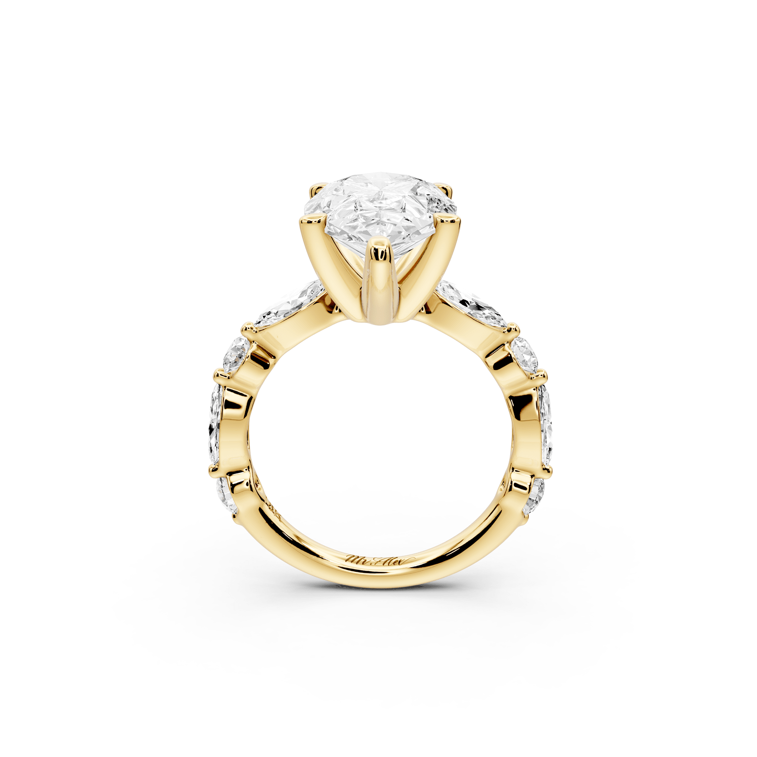 Amalia - 4ct 18k yellow gold pear Round Diamond with Alternating 8 - Stone Marquise and Round Diamond Band Engagement Ring - Mr. Alex Jewelry