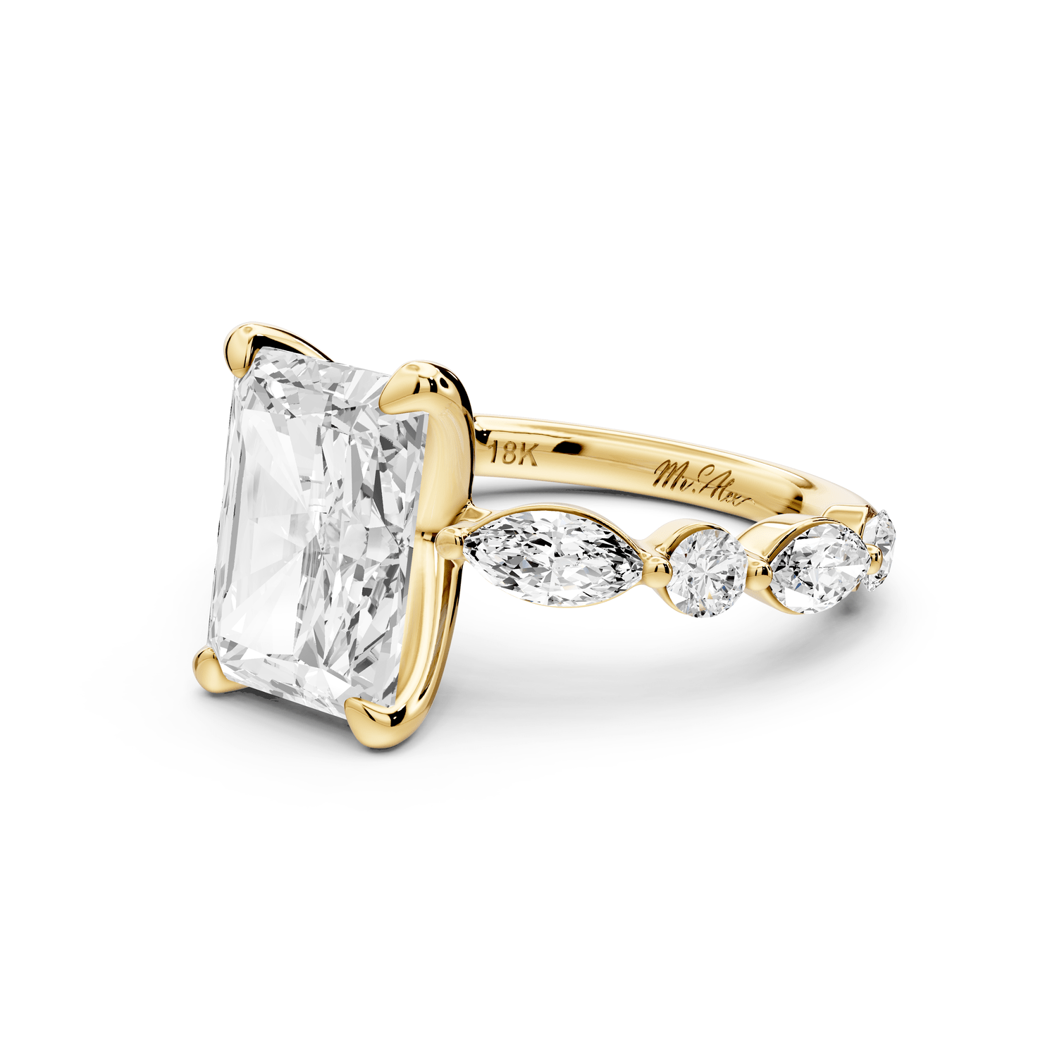 Amalia - 4ct 18k yellow gold radiant Round Diamond with Alternating 8 - Stone Marquise and Round Diamond Band Engagement Ring - Mr. Alex Jewelry