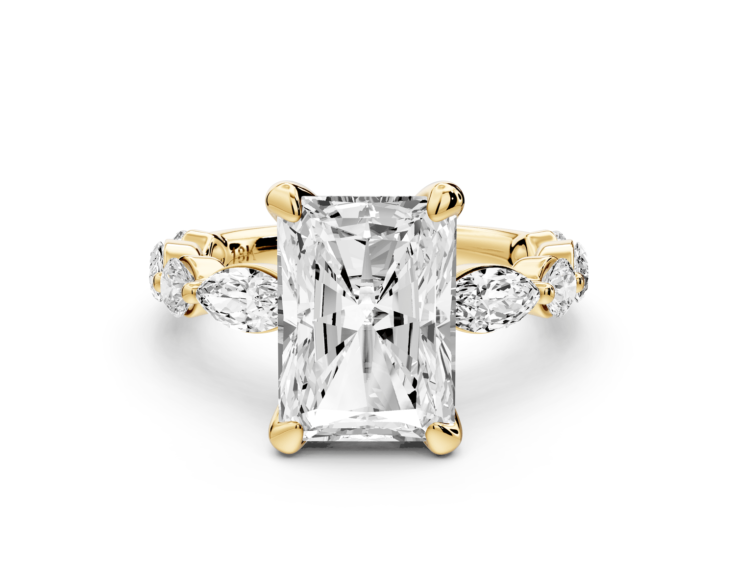 Amalia - 4ct 18k yellow gold radiant Round Diamond with Alternating 8 - Stone Marquise and Round Diamond Band Engagement Ring - Mr. Alex Jewelry