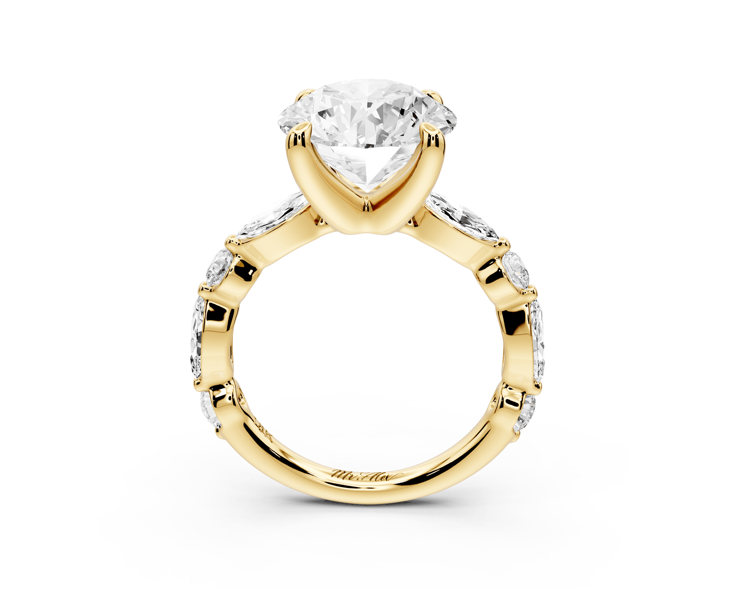 Amalia - 4ct 18k yellow gold round Round Diamond with Alternating 8 - Stone Marquise and Round Diamond Band Engagement Ring - Mr. Alex Jewelry