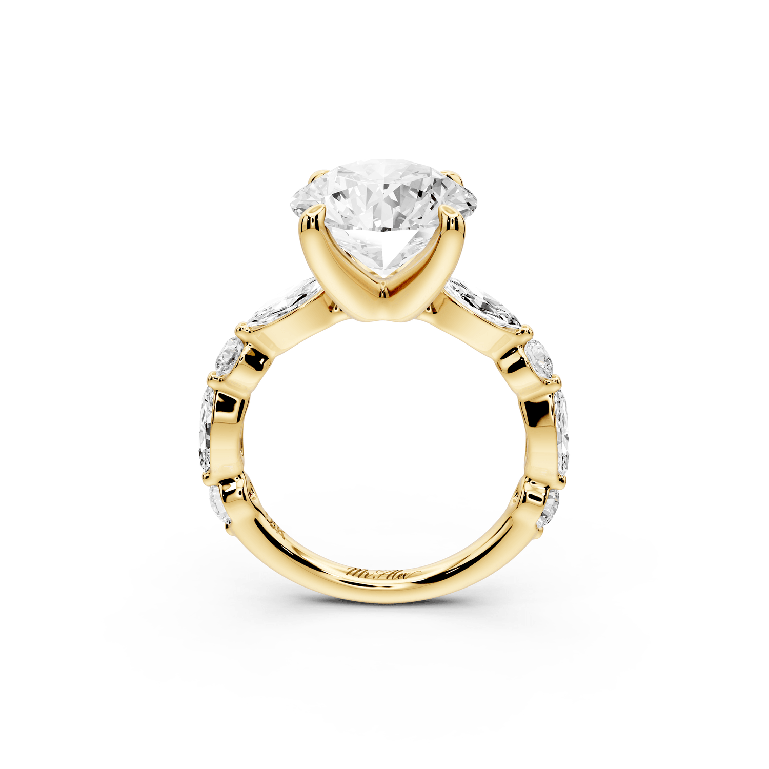 Amalia - 4ct 18k yellow gold round Round Diamond with Alternating 8 - Stone Marquise and Round Diamond Band Engagement Ring - Mr. Alex Jewelry