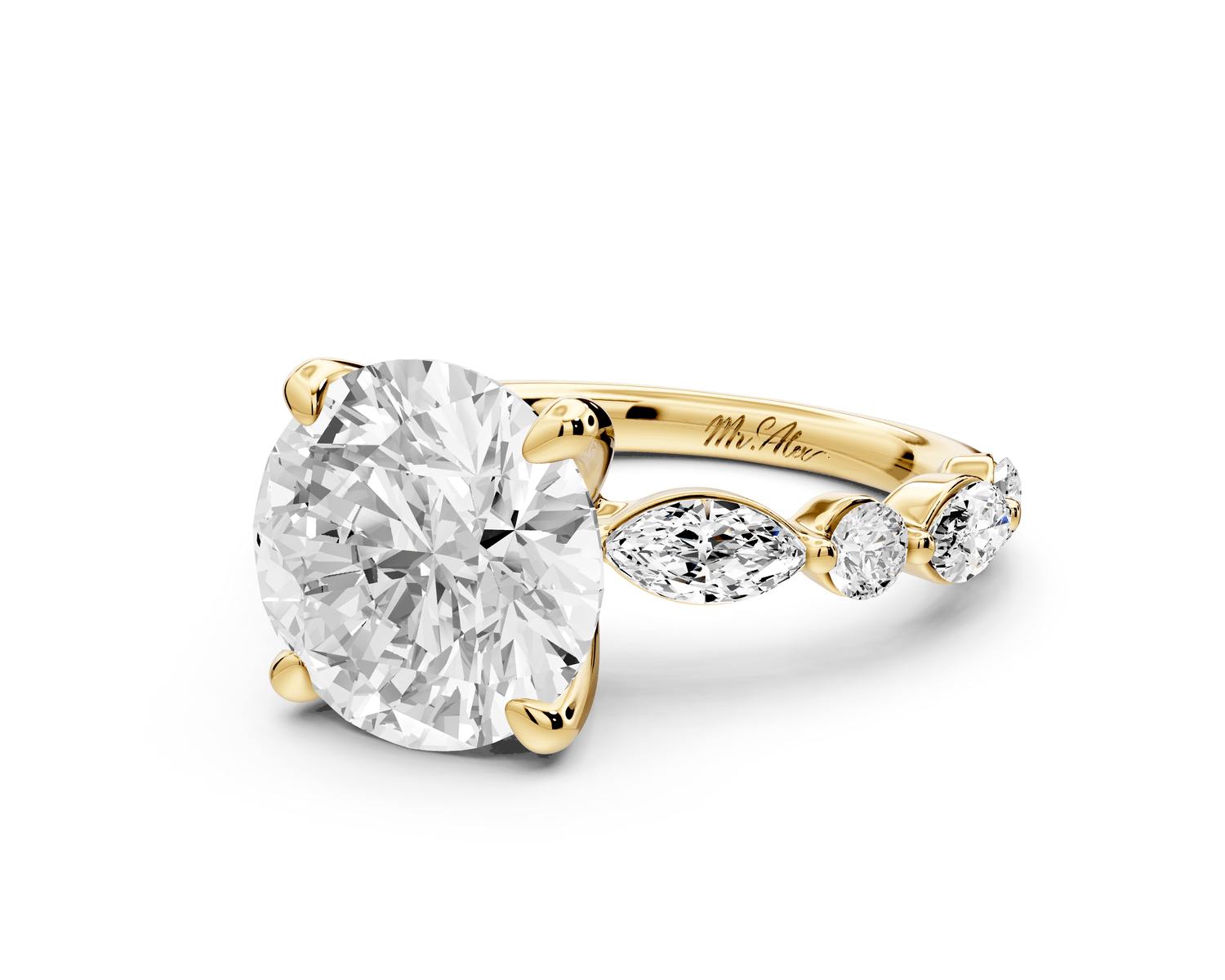 Amalia - 4ct 18k yellow gold round Round Diamond with Alternating 8 - Stone Marquise and Round Diamond Band Engagement Ring - Mr. Alex Jewelry