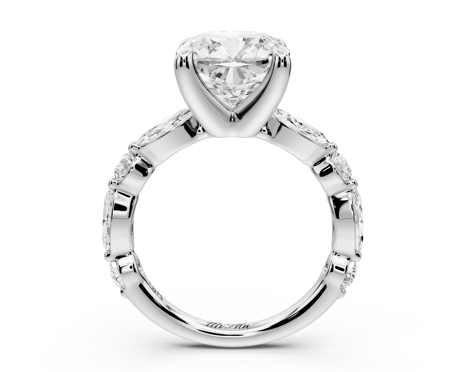 Amalia - 4ct platinum cushion Round Diamond with Alternating 8 - Stone Marquise and Round Diamond Band Engagement Ring - Mr. Alex Jewelry