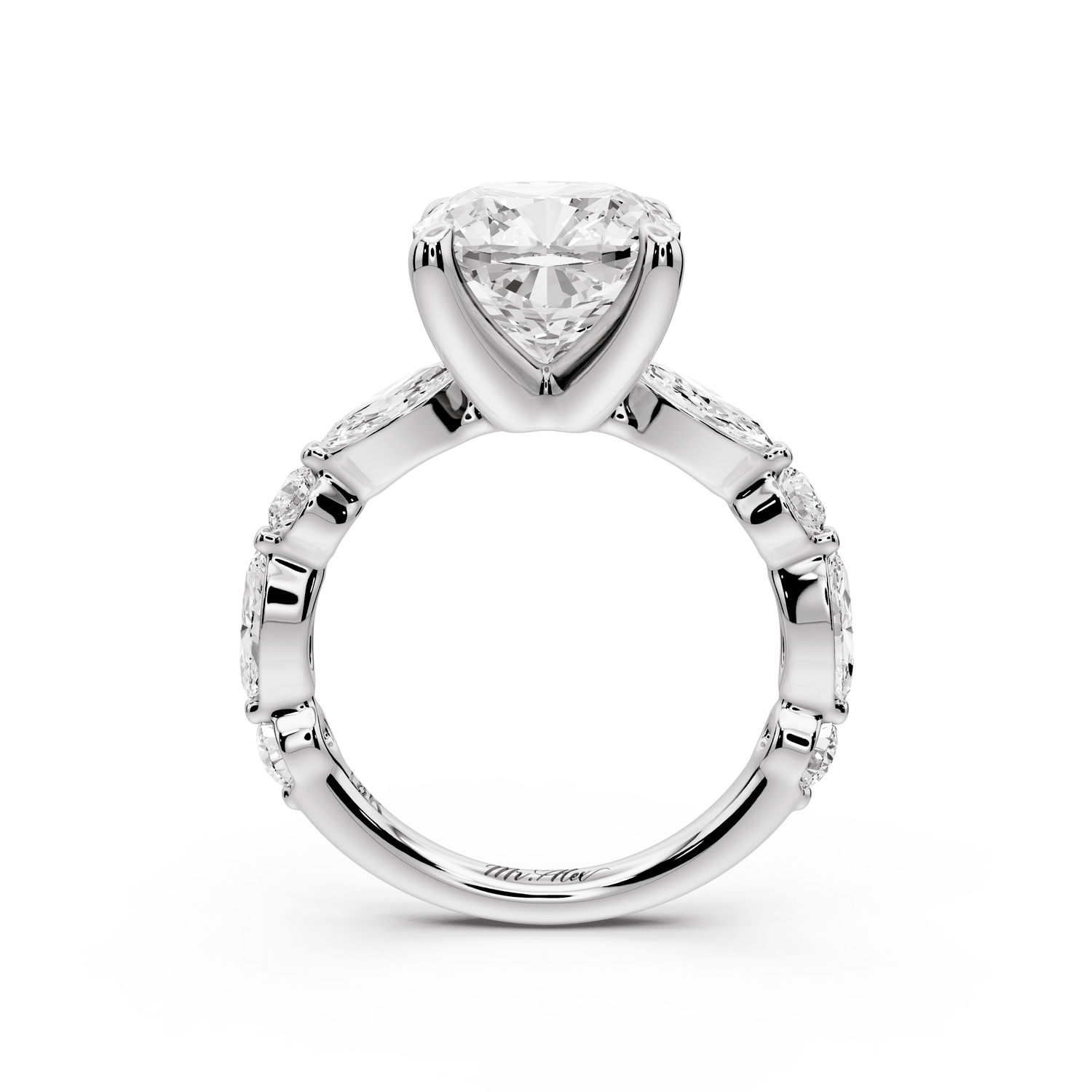 Amalia - 4ct platinum cushion Round Diamond with Alternating 8 - Stone Marquise and Round Diamond Band Engagement Ring - Mr. Alex Jewelry